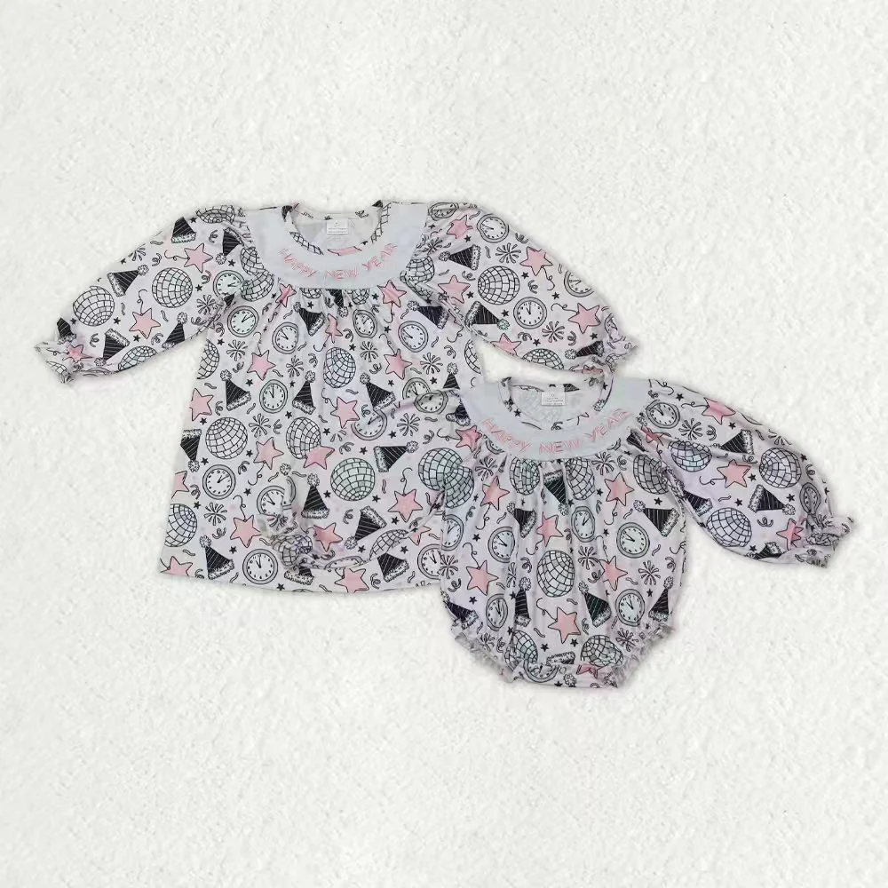 RTS NO MOQ Sibling Baby girls clothes Embroidery happy new year long-sleeved rompers and dress