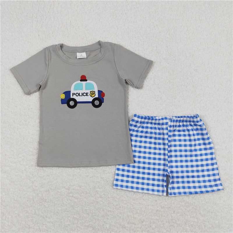 Baby boys police car prints solid color blue plaid Sibling Sister Clothes Sets