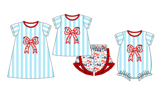 11.23 custom each style moq 5eta 4-6week Sibling Sister bow USA baby girl short sleeve shorts sets and dress and rompers match family design