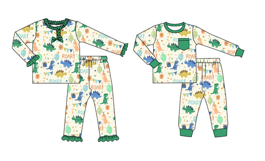 25.8.28 custom each style moq 5 eta 4-6week Sibling Sisters balloon dinosaur baby girl long sleeve pants sets 2