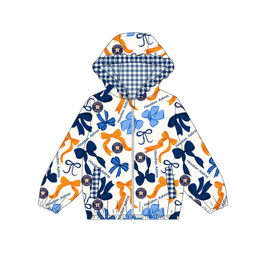 Custom moq 8 mix size milk silk summer team baby girls clothes bow orange blue hooded long sleeve top-25.9.19