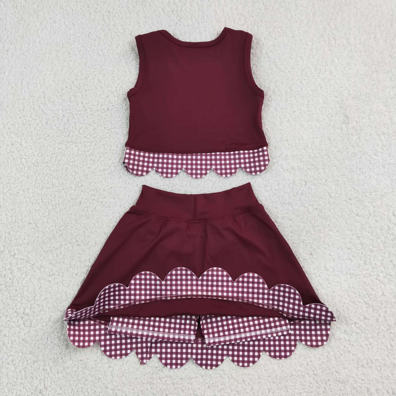NEW RTS NO MOQ yoga fabric GSD4266 Yoga Baby Girls Cute Bow Maroon Vest Scallop Edge Skort Clothing Set