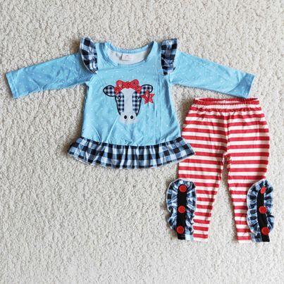6 B7-22 girls Bow cow head blue long-sleeved red striped pants suit