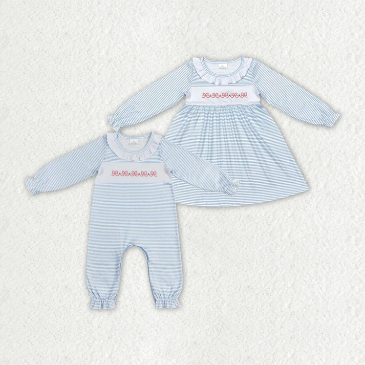 RTS NO MOQ Bow embroidery striped skirt and romper Blue Stripes Bows Sibling Sister