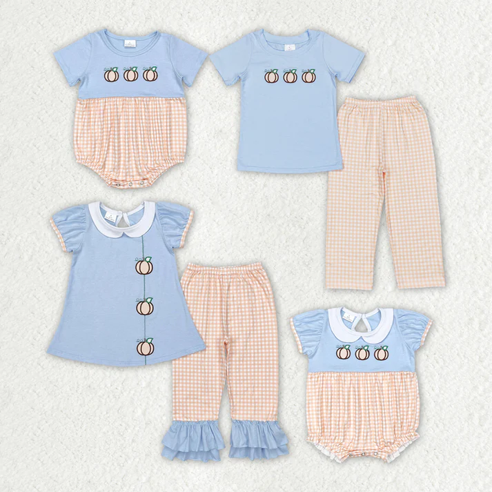 RTS NO MOQ Baby Girls Embroidery Pumpkins Sibling Rompers Clothes Sets embroidery