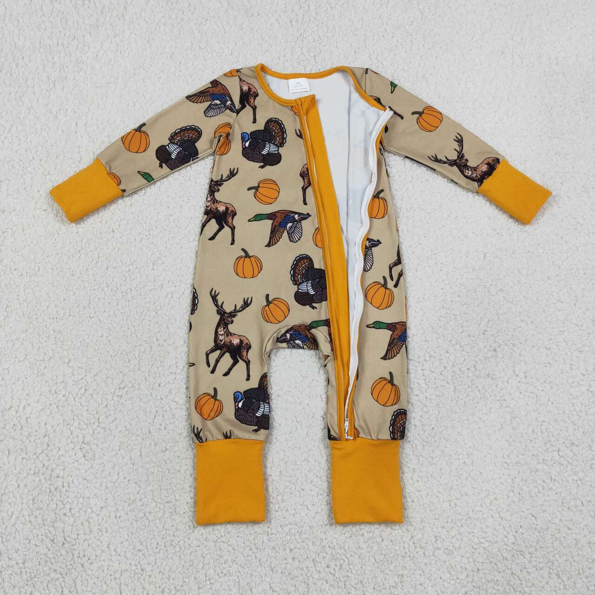 NEW RTS NO MOQ milk silk LR3251 Baby Boys Pumpkins Turkey Ducks Deer Print Two Way Zip Front Convertible Thanksgivings Long Sleeve Romper