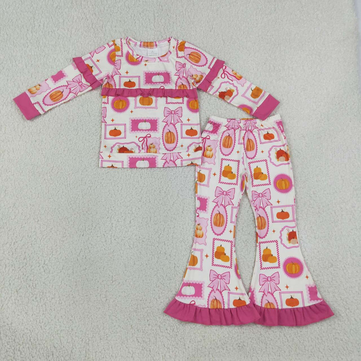 NEW RTS NO MOQ milk silk GLP3504 Baby Girls Pumpkin Plaid Print Bow Long Sleeve Top Pants Set