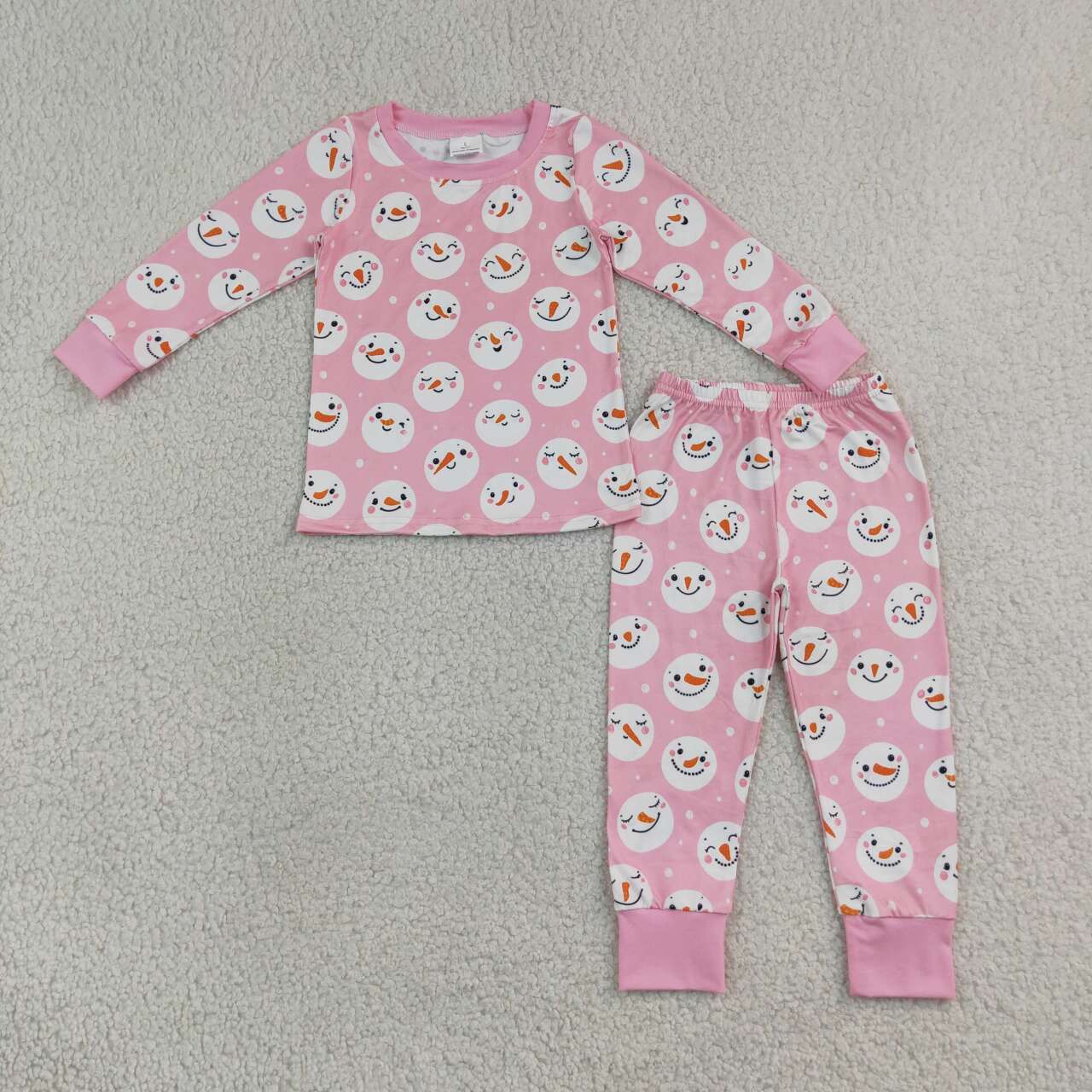 NEW RTS NO MOQ milk silk GLP3543 Baby Girls Pink Snowman Print Long Sleeve Top Matching Full Length Pants Christmas Pajamas Set
