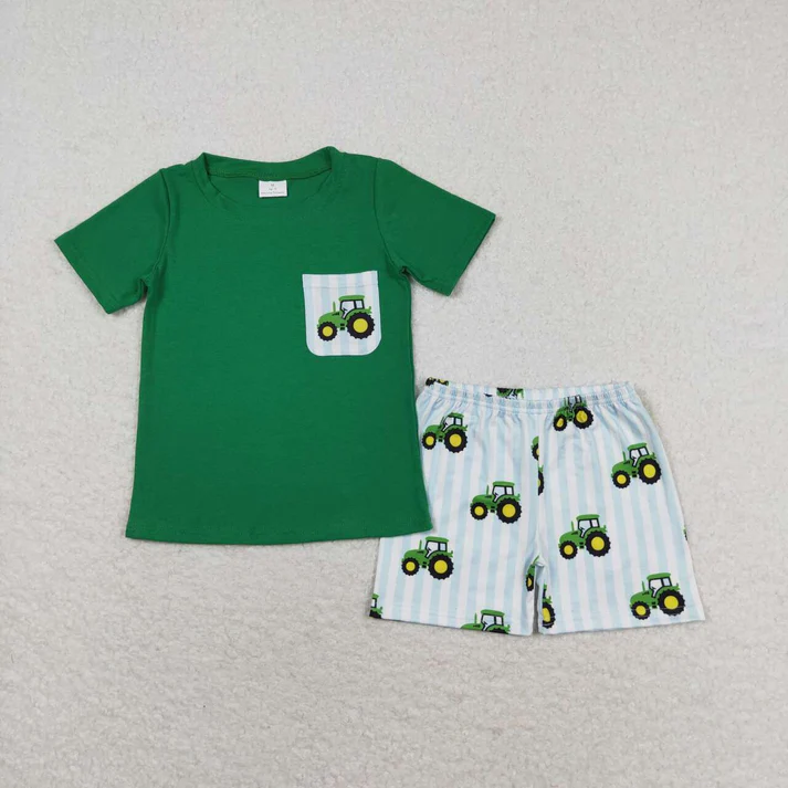 RTS NO MOQ Baby Girls Boys Sibling Tractors Rompers Clothes Sets