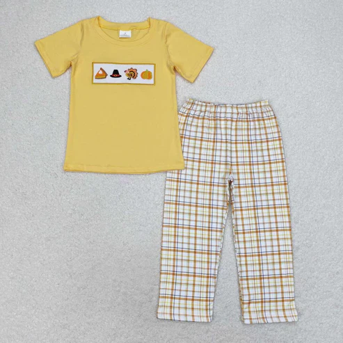 RTS NO MOQ Embroidered Thanksgiving Turkey Sibling Boys Rompers Outfits Sets Embroidered Thanksgiving Turkey
