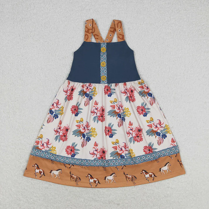 RTS Baby Girls Western Horse Flowers Sibling Sister Rompers Dresses