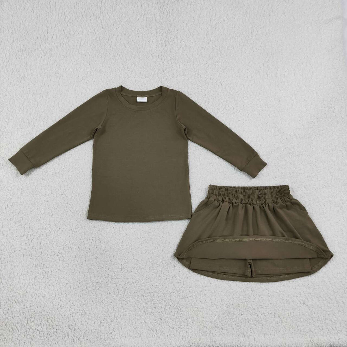 NEW RTS NO MOQ cotton GLD1698 Baby Girls Olive Long Sleeve Top Pockets Skirt Short Sets
