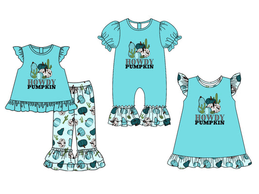 25.5.19 custom each style moq 5eta 4-6week Sibling Sisters HOWDY pumpkin baby girl short sleeve pants sets and dress and rompers match family design