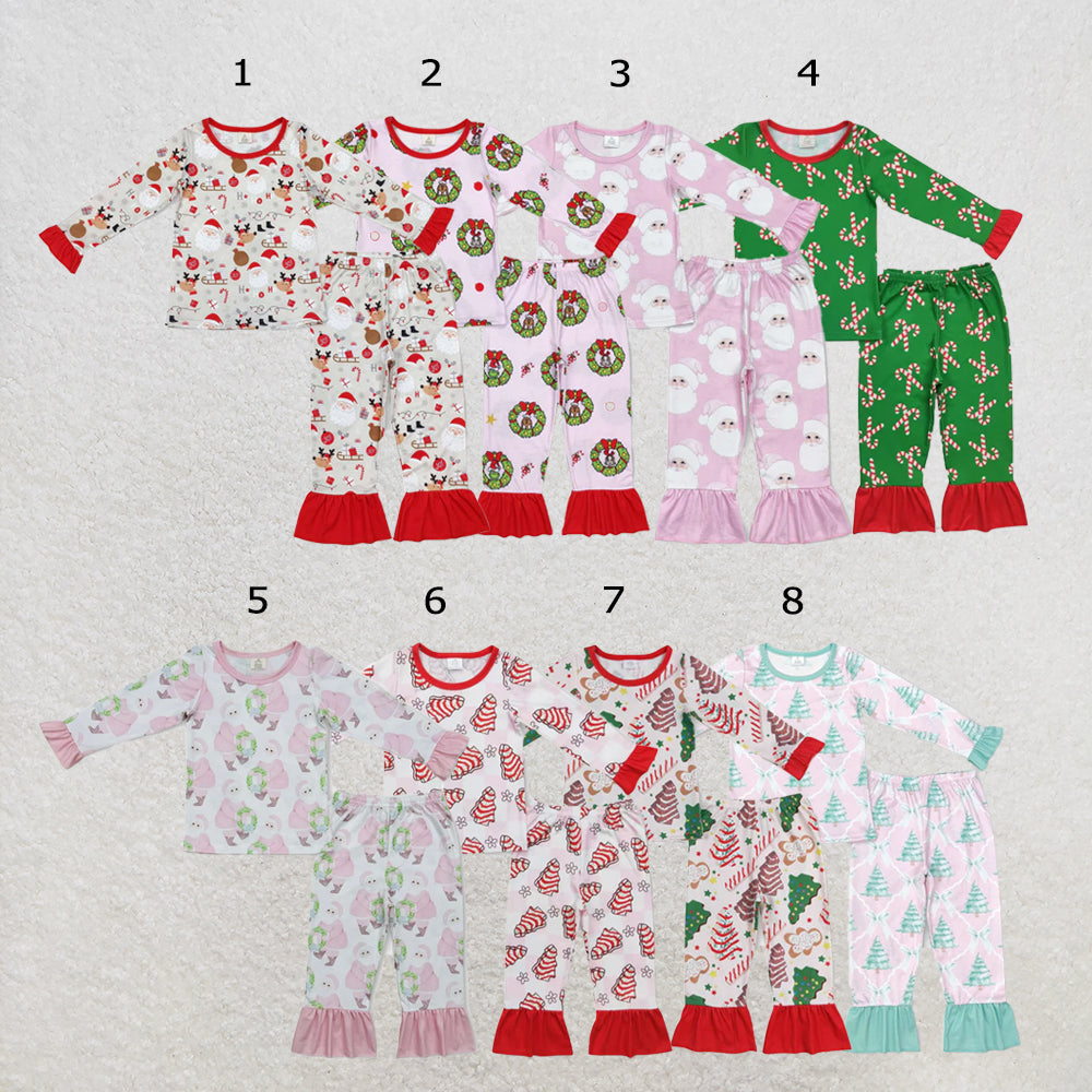 RTS NO MOQ Sibling milk silk Baby Girls Christmas Tree And Cake Print Shirt Pants Bamboo Pajamas Clothes Set