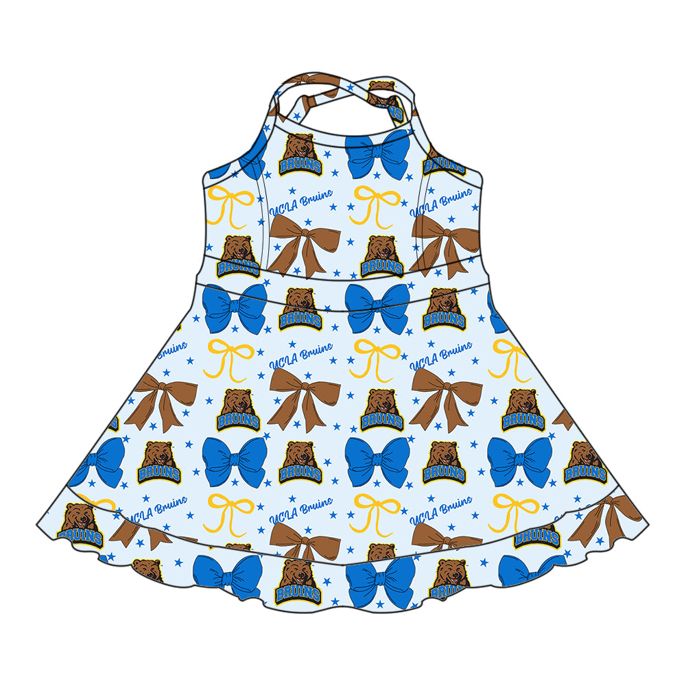 Custom moq 5 mix size milk silk summer teams baby girls clothes team bow blue sleeveless skirts sets and dress 1 and dress 2 and dress 3-25.6.25