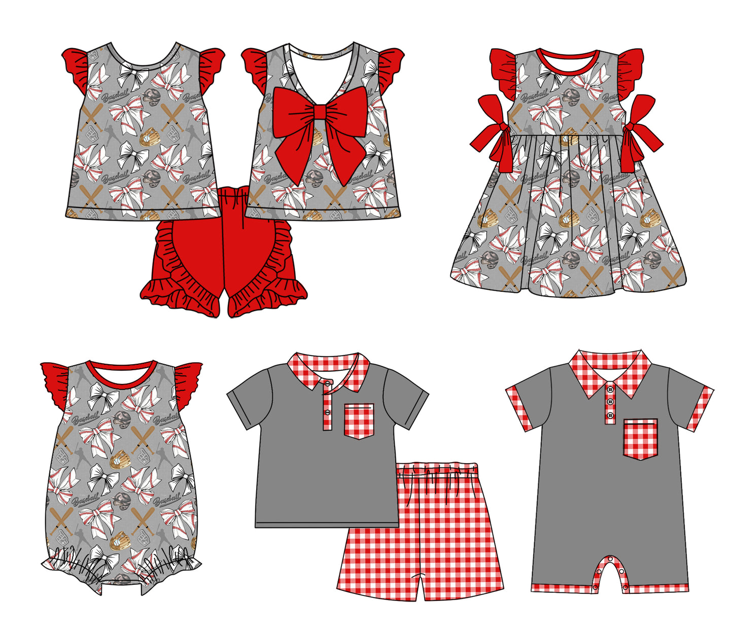 11.30 custom each style moq 5eta 4-6week Sibling Sister baseball bow baby girl short sleeve shorts sets and sets 2 and girls romper and boy romper and dress match design