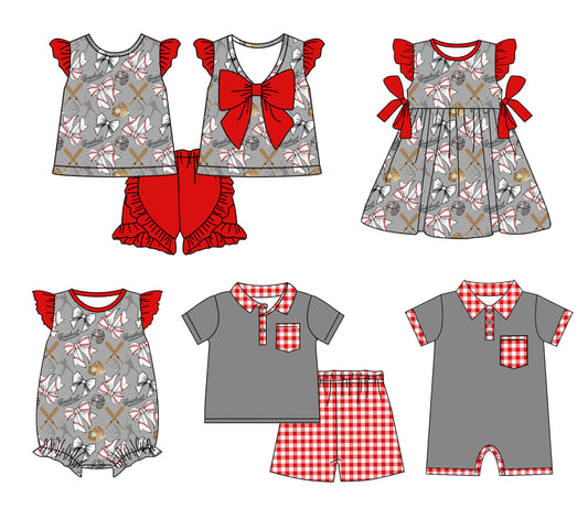 11.30 custom each style moq 5eta 4-6week Sibling Sister baseball bow baby girl short sleeve shorts sets and sets 2 and girls romper and boy romper and dress match design