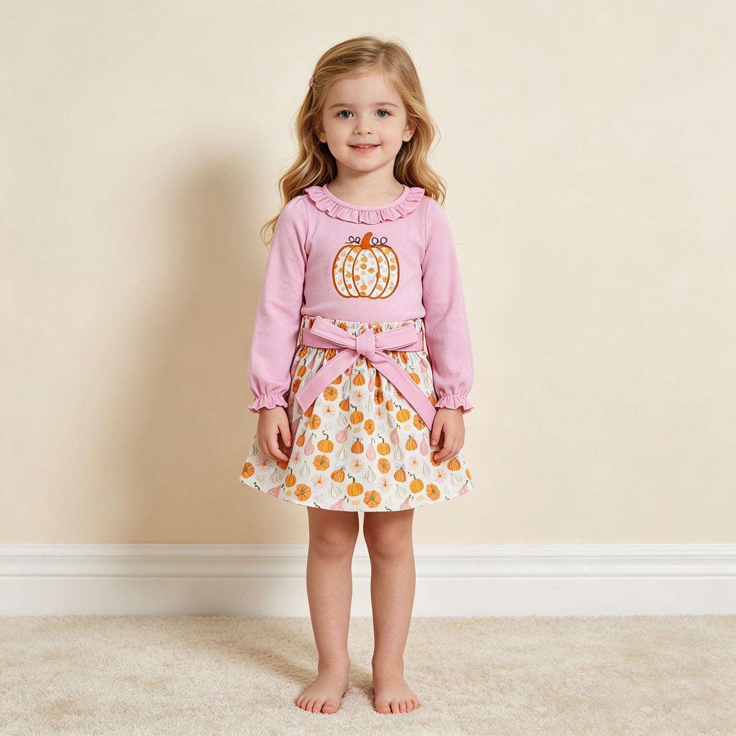 NEW RTS NO MOQ milk silk GLD1641 Embroidery Baby Girls Fall Pumpkin Long Sleeve Tunic Top Bow Short Skirt Outfit Set