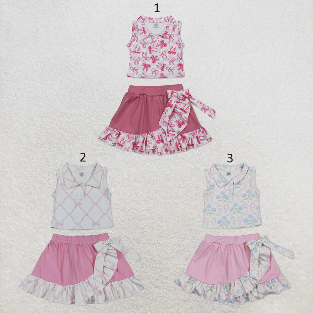 RTS NO MOQ Sibling Baby Girls Bows Checked Button Vests Ruffle Skirt Shorts Yoga Active Clothes Sets