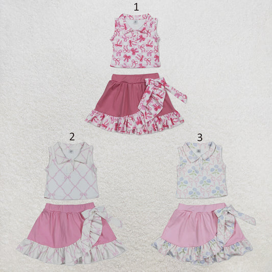 RTS NO MOQ Sibling Baby Girls Bows Checked Button Vests Ruffle Skirt Shorts Yoga Active Clothes Sets