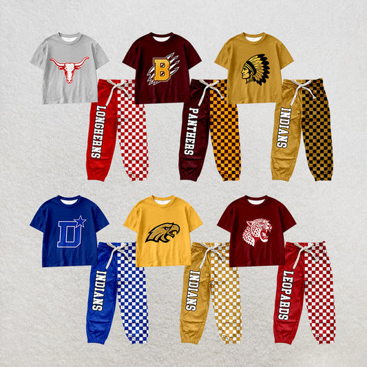 custom moq 5 mix size MSD070708 Baby Kids Short Sleeve Shirt Top Checked Long Pants Casual Set