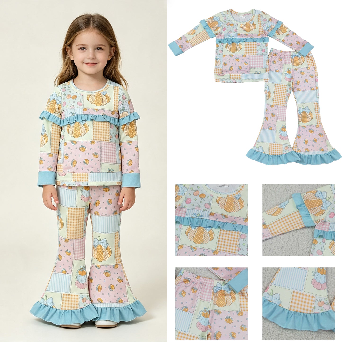 RTS No moq milk silk GLP3503 Baby Girls Flowers Bows Pumpkins Top Flare Ruffle Pant Fall Clothes Sets
