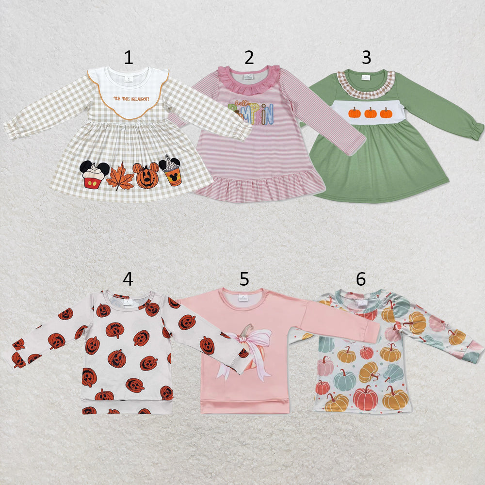 RTS NO MOQ Sibling milk silk Baby Girls Colorful Pumpkin Print Long Sleeve Tee Shirts Casual Fall Tops