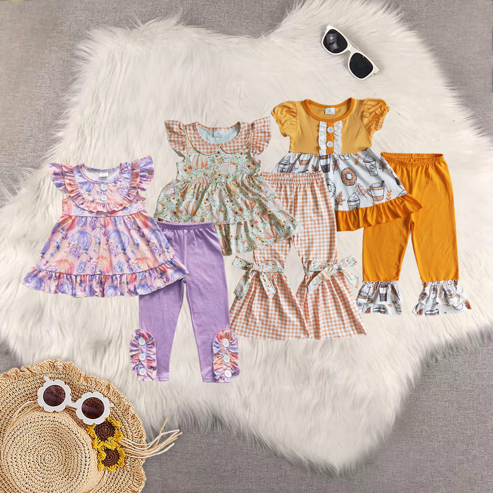 RTS Sibling baby girl clothes halloween pumpkin short Sleeve pants sets