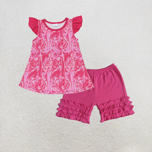 RTS NO MOQ milk silk GT0565+A14-14 Baby Girls Pink Flamingo Flutter Sleeve Tunic Tops Ruffle Shorts Set