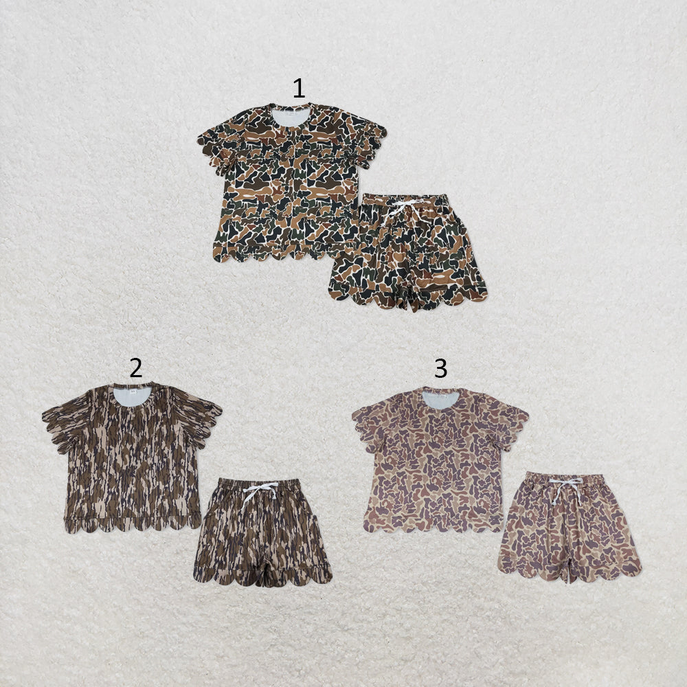RTS NO MOQ Sibling milk silk Adult Women's Camo Print Scallop Hem Top Pockets Short Scallop Clothes Sets