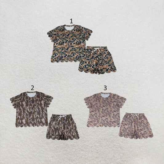 RTS NO MOQ Sibling milk silk Adult Women's Camo Print Scallop Hem Top Pockets Short Scallop Clothes Sets