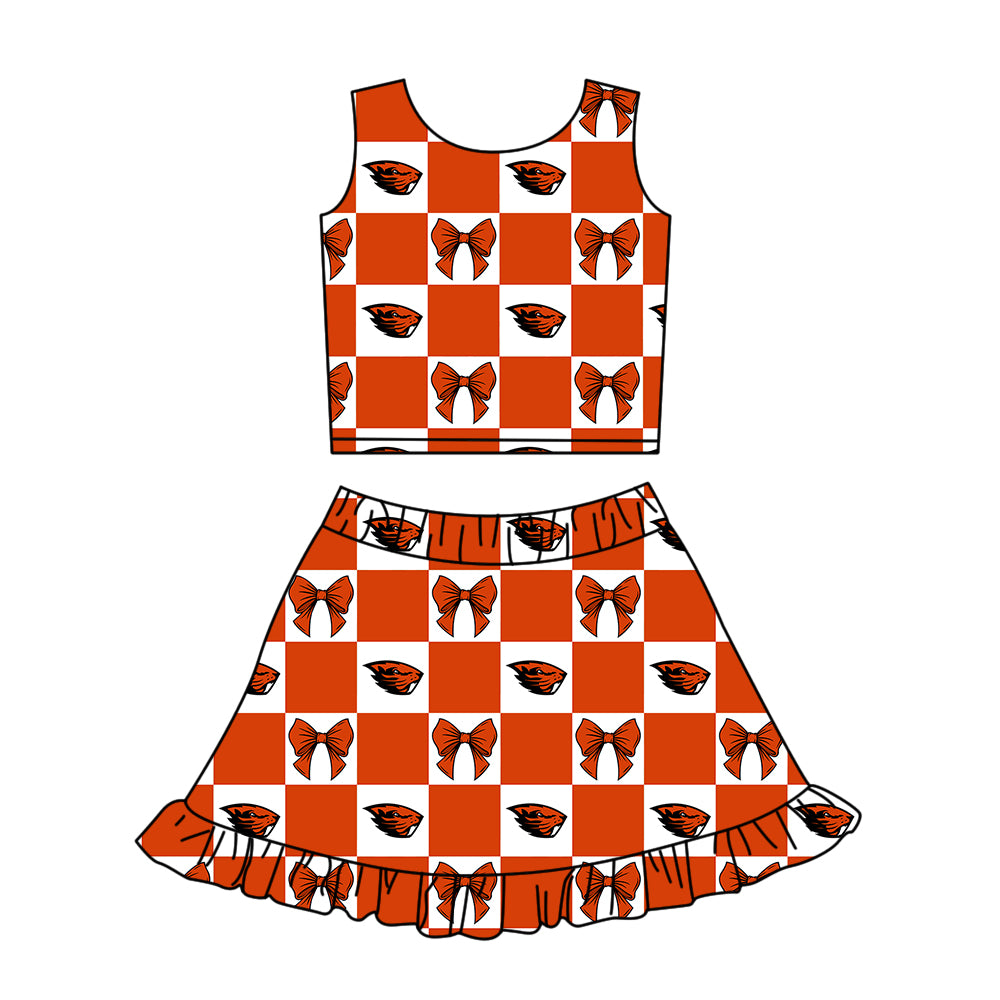 Custom moq 5 mix size Milk Silk Summer Girls' Set Animal Bow Print Plaid Sleeveless Skirt Three-Piece Set including a dress and shorts.
