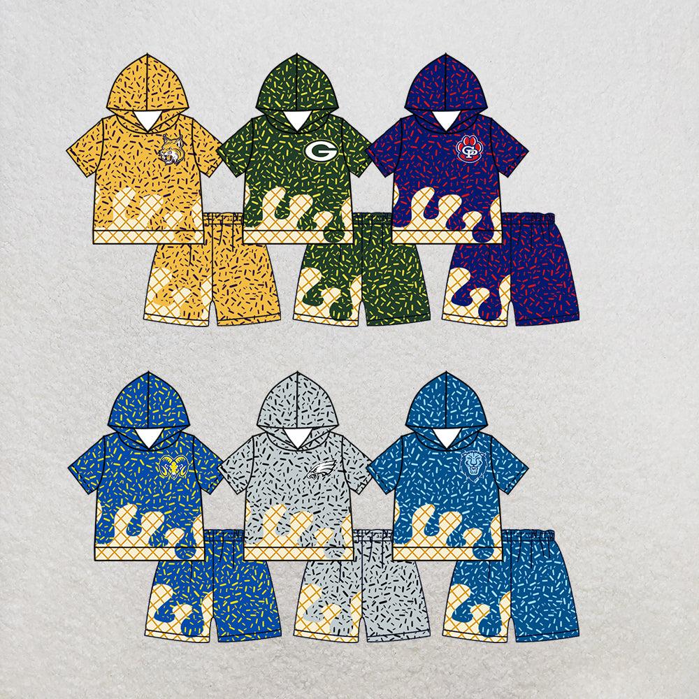 custom moq 5 mix size MSD072408 Baby Kids Sprinkles Drip Team Short Sleeve Hooded Top And Shorts Clothes Set