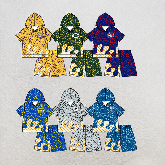 custom moq 5 mix size MSD072408 Baby Kids Sprinkles Drip Team Short Sleeve Hooded Top And Shorts Clothes Set