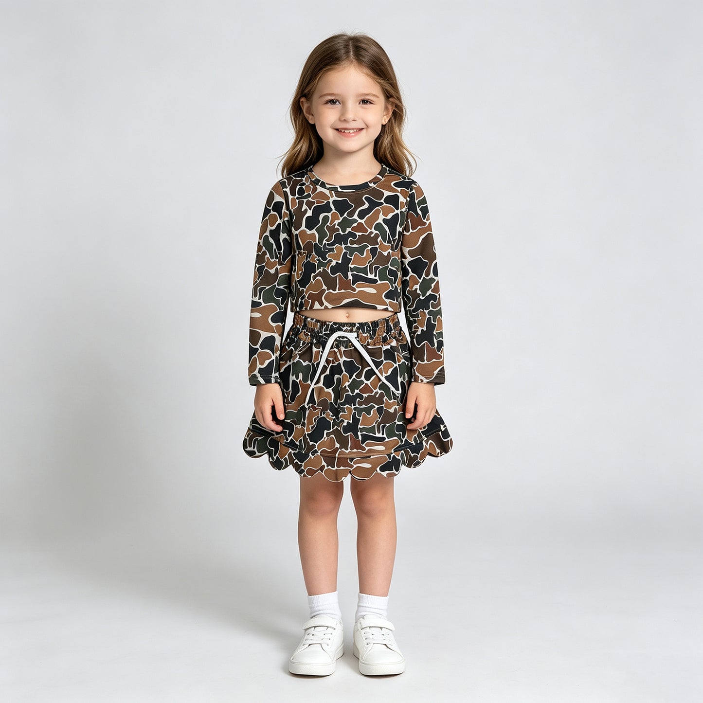 NEW RTS NO MOQ milk silk GLD1617（GT1688+GLK0300 ）Baby Girls Long Sleeve Dark Brown Camo Print Top Matching Scallop Skort Two Piece Clothes Set