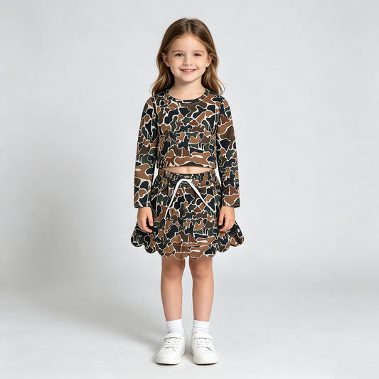 NEW RTS NO MOQ milk silk GLD1617（GT1688+GLK0300 ）Baby Girls Long Sleeve Dark Brown Camo Print Top Matching Scallop Skort Two Piece Clothes Set