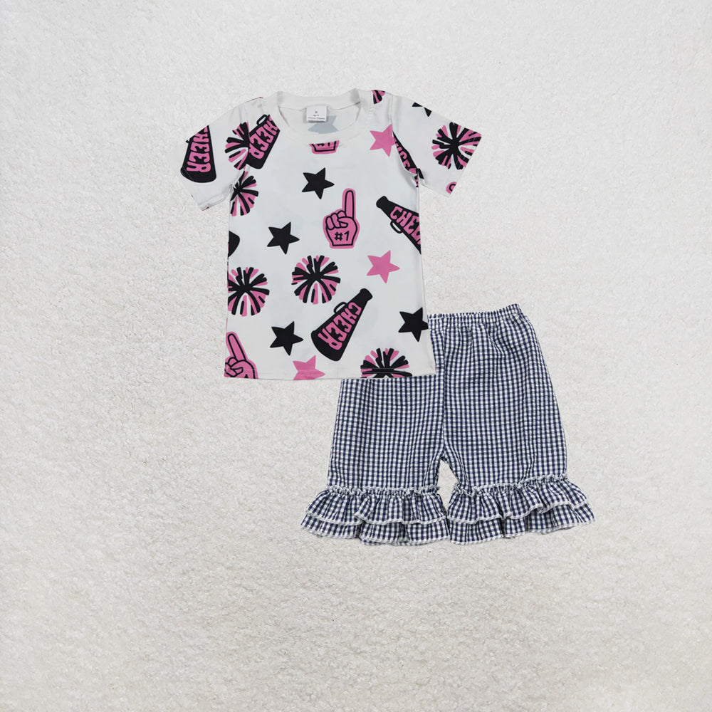 RTS NO MOQ GT0994+SS0068 Baby Girls Short Sleeves Pink Firework Stars Tee Shirts Tops Shorts Set