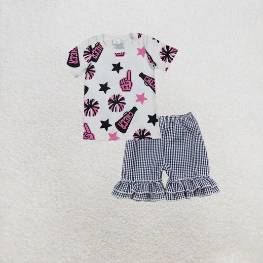 RTS NO MOQ GT0994+SS0068 Baby Girls Short Sleeves Pink Firework Stars Tee Shirts Tops Shorts Set