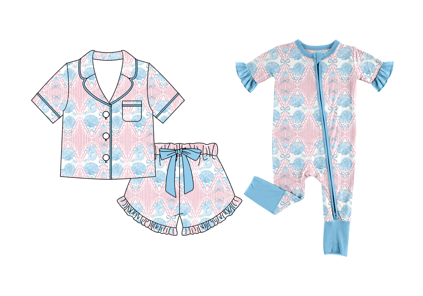 Custom moq 5 mix size Sibling Blue Short-Sleeved Pajama Set with Shorts for Baby Girl Romper Comfortable Sleepwear for Infants