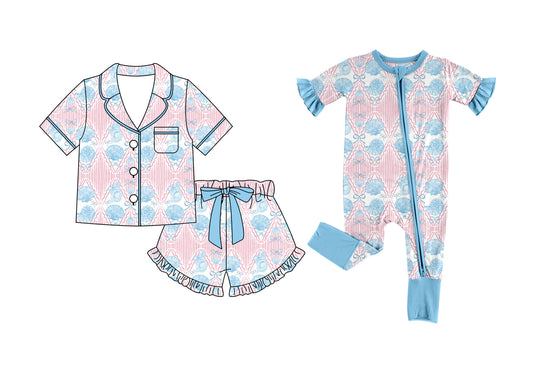 Custom moq 5 mix size Sibling Blue Short-Sleeved Pajama Set with Shorts for Baby Girl Romper Comfortable Sleepwear for Infants