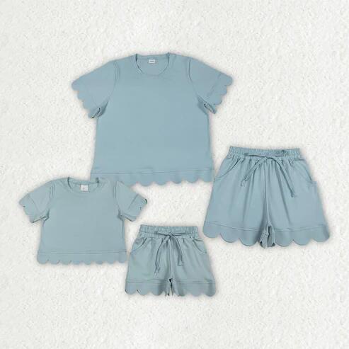 RTS NO MOQ Sibling  Mom And Me Light Blue Short Sleeve Top With Pockets Scallop Shorts Sets
