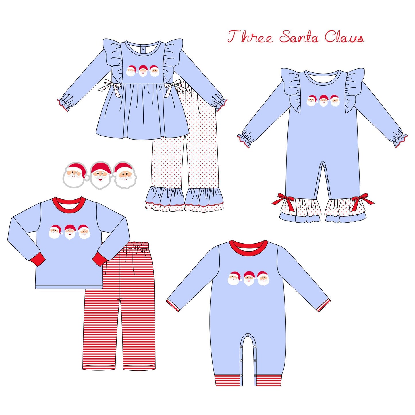 5.18custom each style moq 5eta 4-5week Sibling Sister Christmas style Santa Claus print blue girls and boys outfits and baby romper match family design