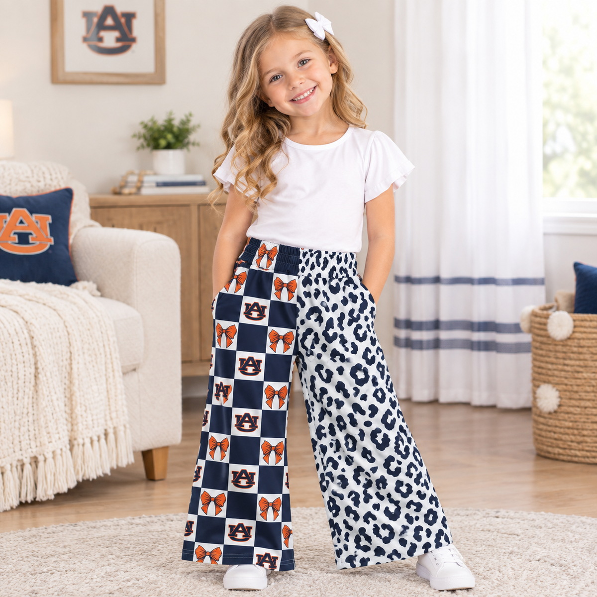 NEW RTS NO MOQ milk silk P1120 Baby Girls Bows Leopard Team Pockets Straight Pants