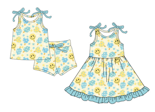 4.17 custom each style moq 5eta 4-6week Sibling Sister smiley baby girl short sleeve shorts sets and dresses match design