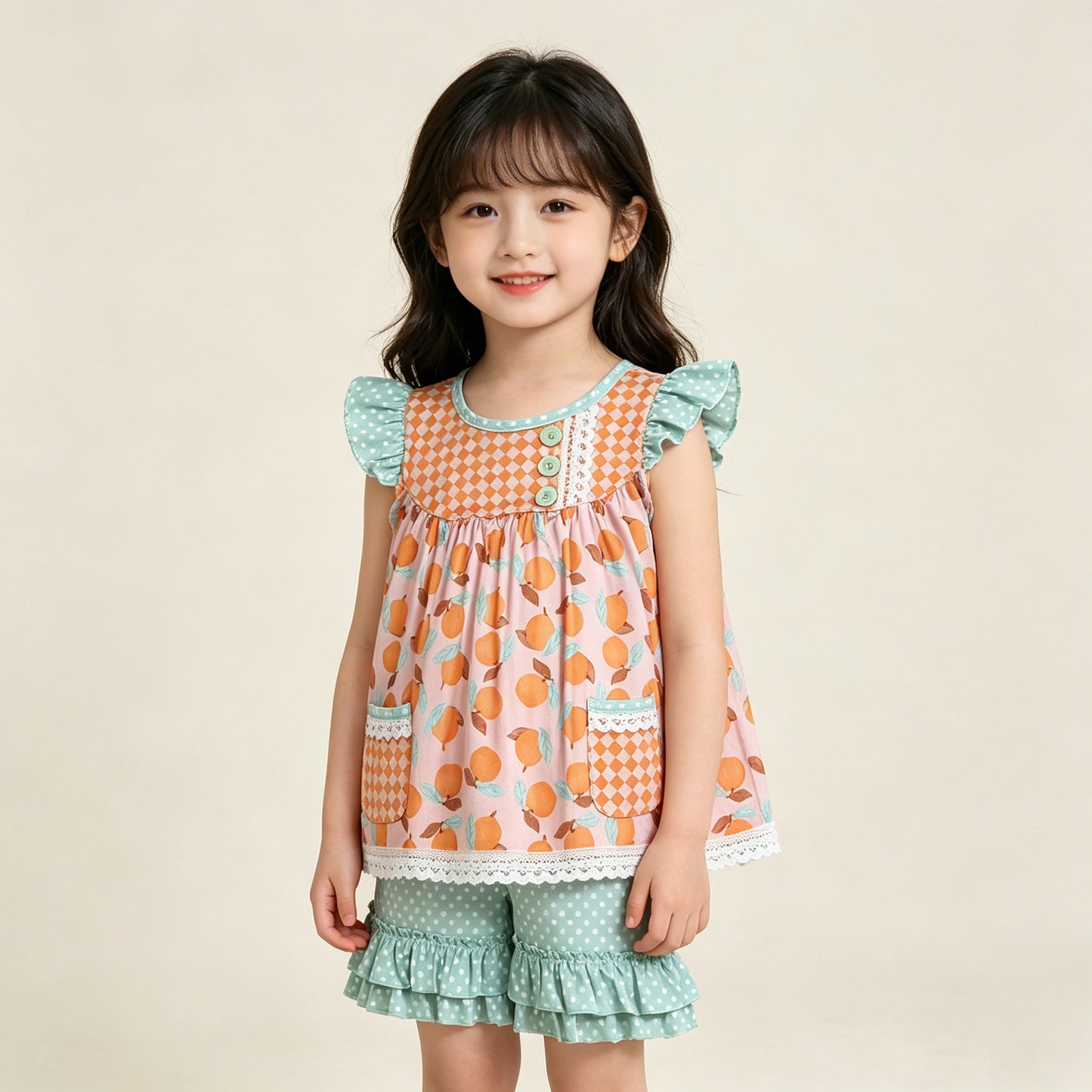 RTS NO MOQ GSSO3742 Baby Girls Polka Dots Ruffle Short Clothes Set with Flutter Sleeve Button Pockets Tunic（2T-10-12T）