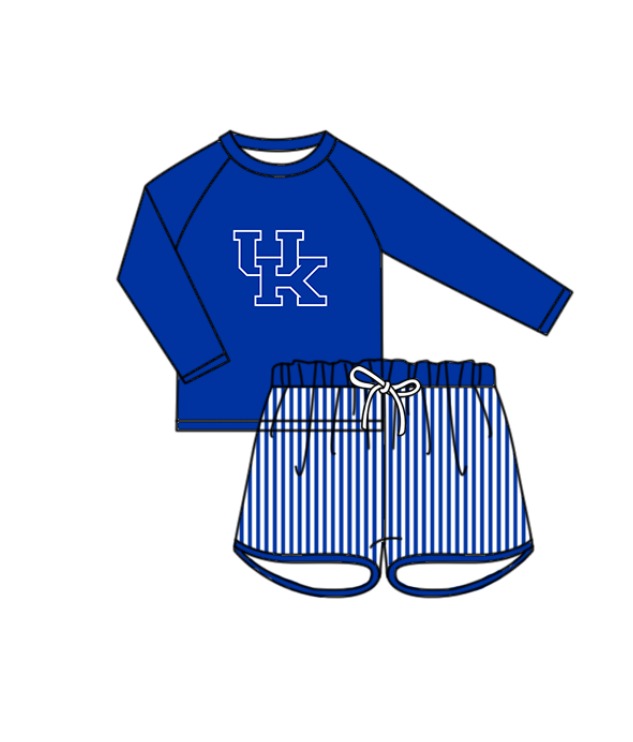 Custom moq 5 mix size milk silk summer teams baby girl boys clothes Blue Two-Piece Swimsuit Set One Piece Swimsuits boy swim trunks