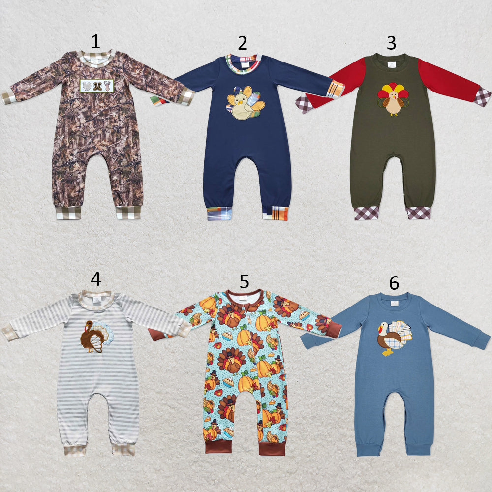 RTS NO MOQ Sibling milk silk Baby Boys Cute Cute Fall Thanksgiving Turkey Print Rompers Holiday Daily Outfit
