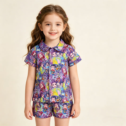 RTS NO MOQ GSSO3087 Cute Clothes Baby Girls Purple Button Top Shorts Pajamas Sets Cute Sleepwear for Little Girls