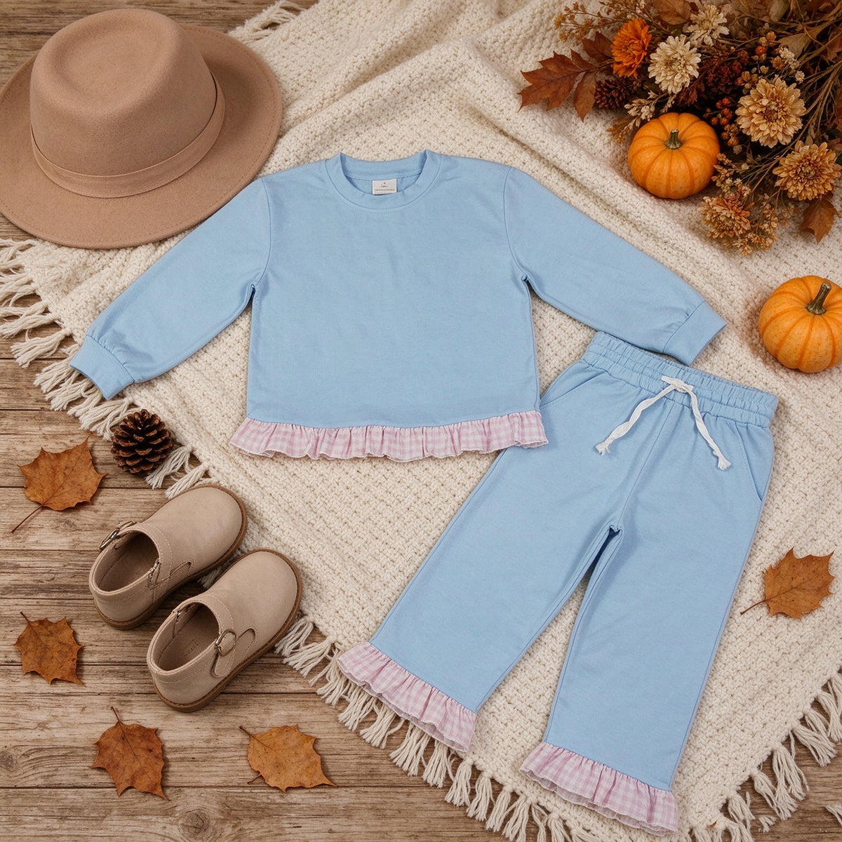 NEW RTS NO MOQ milk silk GLP3753 Baby Girls Light Blue Long Sleeve Top Ruffle Pant Casual Set