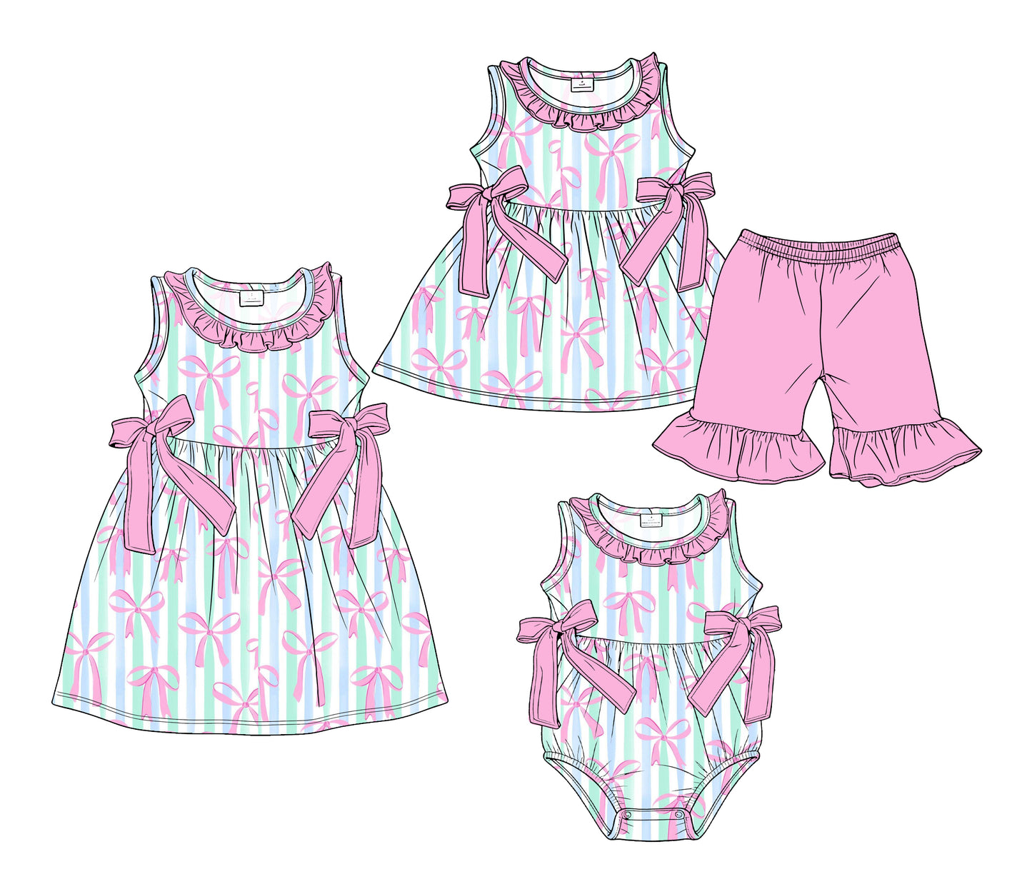 3.19 Custom moq 5 mix size Sibling Baby Girl's Stripe Sleeveless Tunic Ruffle Shorts Set Cute Romper Dress for Summer